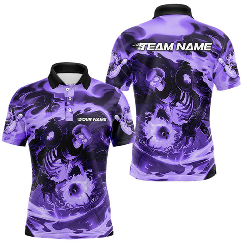 Custom Purple Flame Skull Bowling Polo Shirts For Men, Skeleton Bowling Tournament Shirts IPHW8404