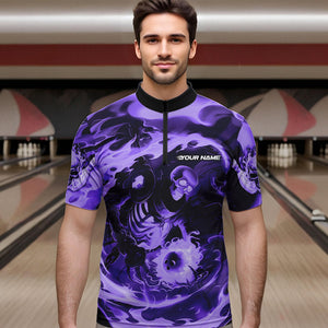 Custom Purple Flame Skull Bowling Quarter-Zip Shirts For Men, Skeleton Bowling Tournament Shirts IPHW8404