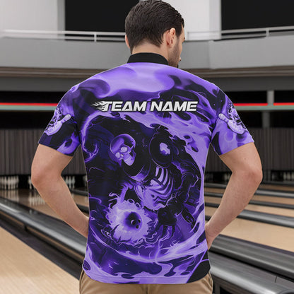 Custom Purple Flame Skull Bowling Quarter-Zip Shirts For Men, Skeleton Bowling Tournament Shirts IPHW8404