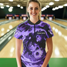 Load image into Gallery viewer, Custom Purple Flame Skull Bowling Womens Quarter-Zip Shirt, Ladies Tournament Bowling Shirt IPHW8404