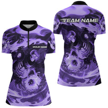 Load image into Gallery viewer, Custom Purple Flame Skull Bowling Womens Quarter-Zip Shirt, Ladies Tournament Bowling Shirt IPHW8404