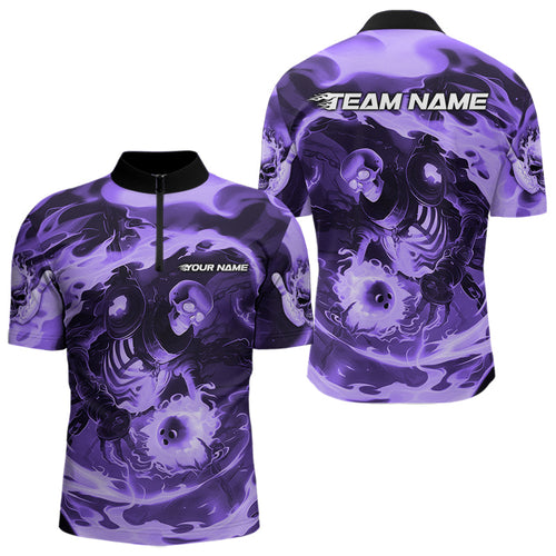 Custom Purple Flame Skull Bowling Quarter-Zip Shirts For Men, Skeleton Bowling Tournament Shirts IPHW8404