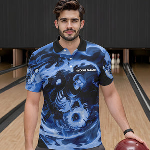 Custom Blue Flame Skull Bowling Polo Shirts For Men, Skeleton Bowling Tournament Shirts IPHW8405