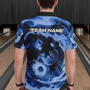 Custom Blue Flame Skull Bowling Polo Shirts For Men, Skeleton Bowling Tournament Shirts IPHW8405