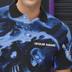 Custom Blue Flame Skull Bowling Polo Shirts For Men, Skeleton Bowling Tournament Shirts IPHW8405