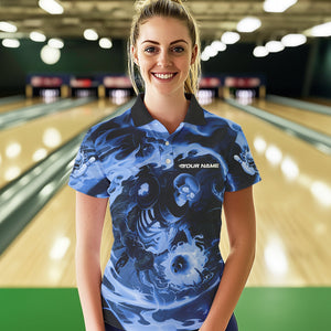 Custom Blue Flame Skull Bowling Polo Shirts For Women, Skeleton Bowling Tournament Shirts IPHW8405