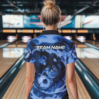 Custom Blue Flame Skull Bowling Polo Shirts For Women, Skeleton Bowling Tournament Shirts IPHW8405