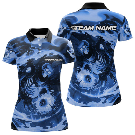 Custom Blue Flame Skull Bowling Polo Shirts For Women, Skeleton Bowling Tournament Shirts IPHW8405