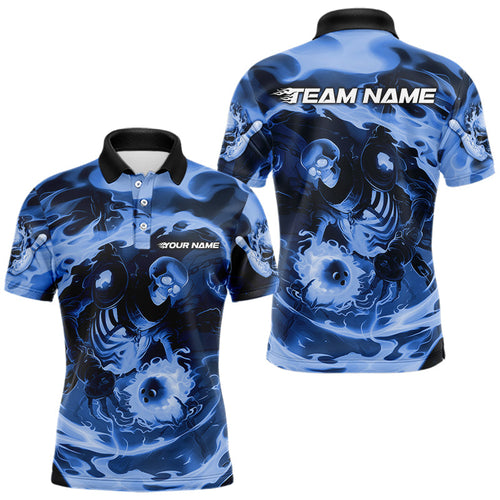 Custom Blue Flame Skull Bowling Polo Shirts For Men, Skeleton Bowling Tournament Shirts IPHW8405