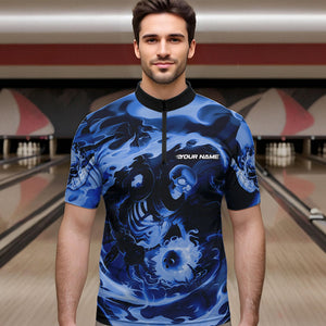 Custom Blue Flame Skull Bowling Quarter-Zip Shirts For Men, Skeleton Bowling Tournament Shirts IPHW8405