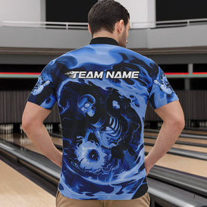 Custom Blue Flame Skull Bowling Quarter-Zip Shirts For Men, Skeleton Bowling Tournament Shirts IPHW8405