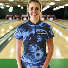 Load image into Gallery viewer, Custom Blue Flame Skull Bowling Womens Quarter-Zip Shirt, Ladies Tournament Bowling Shirts IPHW8405