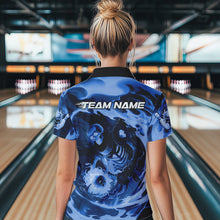 Load image into Gallery viewer, Custom Blue Flame Skull Bowling Womens Quarter-Zip Shirt, Ladies Tournament Bowling Shirts IPHW8405