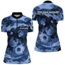 Load image into Gallery viewer, Custom Blue Flame Skull Bowling Womens Quarter-Zip Shirt, Ladies Tournament Bowling Shirts IPHW8405