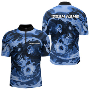 Custom Blue Flame Skull Bowling Quarter-Zip Shirts For Men, Skeleton Bowling Tournament Shirts IPHW8405