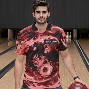 Custom Red Flame Skull Bowling Polo Shirts For Men, Skeleton Bowling Tournament Shirts IPHW8406