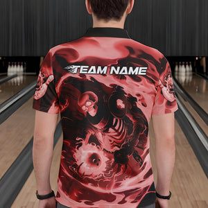 Custom Red Flame Skull Bowling Polo Shirts For Men, Skeleton Bowling Tournament Shirts IPHW8406