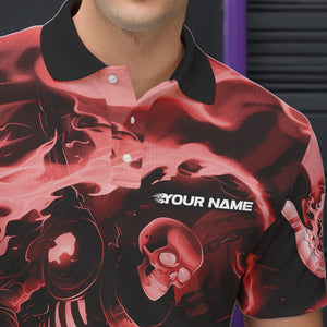 Custom Red Flame Skull Bowling Polo Shirts For Men, Skeleton Bowling Tournament Shirts IPHW8406