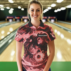 Custom Red Flame Skull Bowling Polo Shirts For Women, Skeleton Bowling Tournament Shirts IPHW8406