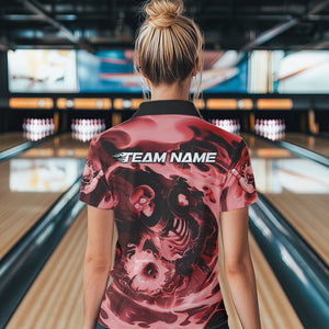 Custom Red Flame Skull Bowling Polo Shirts For Women, Skeleton Bowling Tournament Shirts IPHW8406