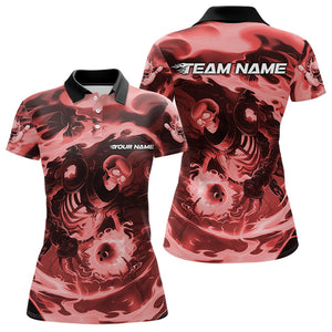 Custom Red Flame Skull Bowling Polo Shirts For Women, Skeleton Bowling Tournament Shirts IPHW8406