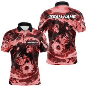 Custom Red Flame Skull Bowling Polo Shirts For Men, Skeleton Bowling Tournament Shirts IPHW8406