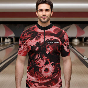 Custom Red Flame Skull Bowling Quarter-Zip Shirts For Men, Skeleton Bowling Tournament Shirts IPHW8406