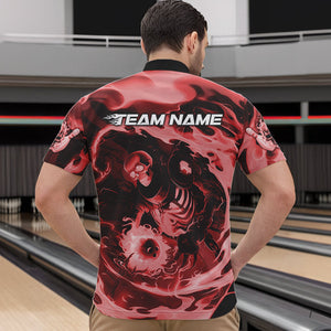 Custom Red Flame Skull Bowling Quarter-Zip Shirts For Men, Skeleton Bowling Tournament Shirts IPHW8406