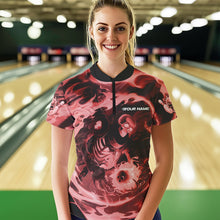 Load image into Gallery viewer, Custom Red Flame Skull Bowling Womens Quarter-Zip Shirt, Ladies Tournament Bowling Shirts IPHW8406