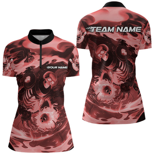 Custom Red Flame Skull Bowling Womens Quarter-Zip Shirt, Ladies Tournament Bowling Shirts IPHW8406