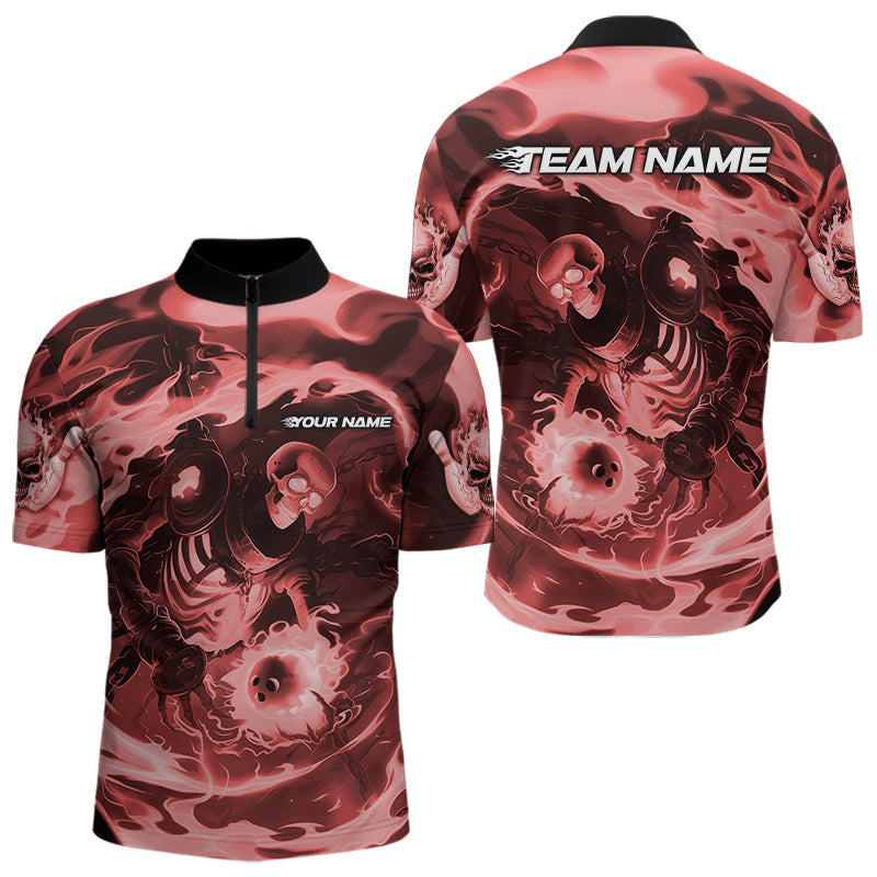 Custom Red Flame Skull Bowling Quarter-Zip Shirts For Men, Skeleton Bowling Tournament Shirts IPHW8406