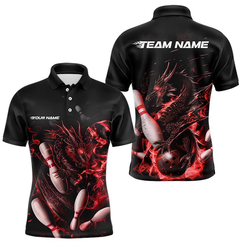 Custom Black And Red Flame Dragon Bowling Polo Shirts For Men, Bowling Tournament Team Shirt IPHW8415