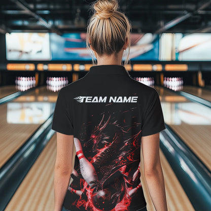 Custom Black And Red Flame Dragon Bowling Womens Quarter-Zip Shirts, Bowling Team Shirt IPHW8415