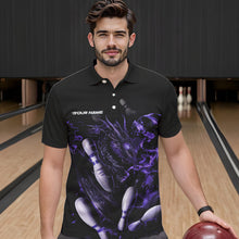 Load image into Gallery viewer, Custom Black And Purple Flame Dragon Bowling Polo Shirts For Men, Bowling Tournament Team Shirt IPHW8416
