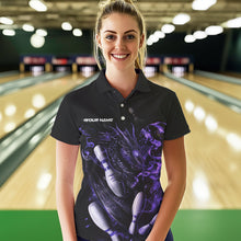 Load image into Gallery viewer, Custom Black And Purple Flame Dragon Womens Bowling Polo Shirts, Bowling Tournament Shirt IPHW8416