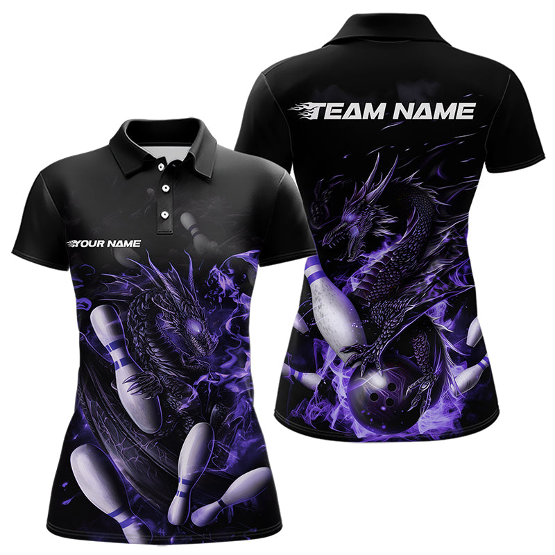 Custom Black And Purple Flame Dragon Womens Bowling Polo Shirts, Bowling Tournament Shirt IPHW8416