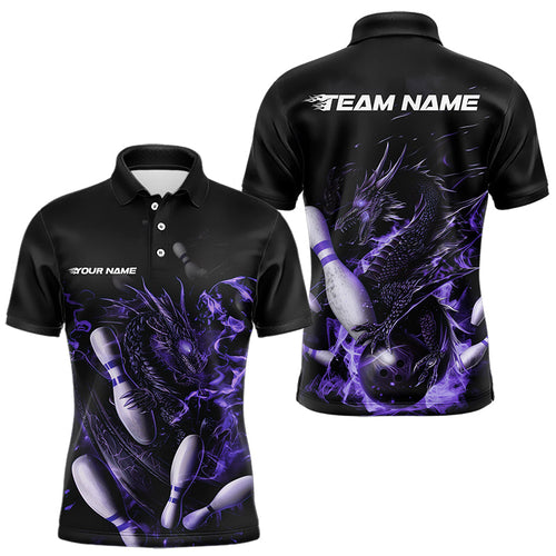 Custom Black And Purple Flame Dragon Bowling Polo Shirts For Men, Bowling Tournament Team Shirt IPHW8416
