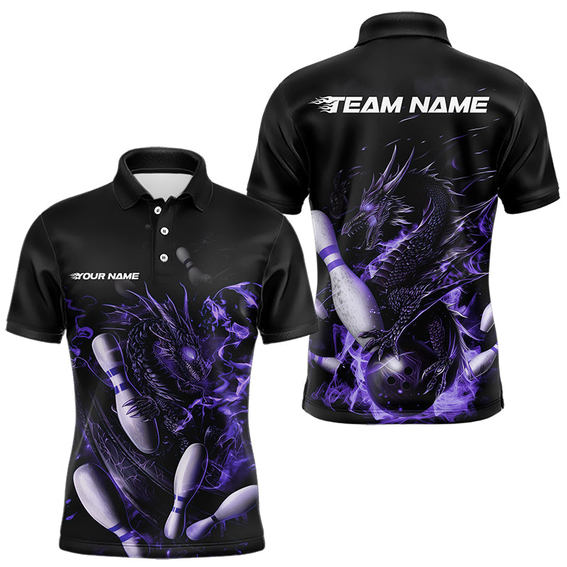 Custom Black And Purple Flame Dragon Bowling Polo Shirts For Men, Bowling Tournament Team Shirt IPHW8416