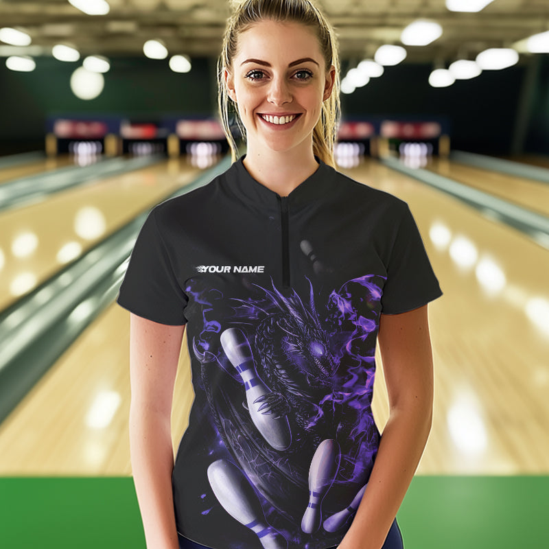 Custom Black And Purple Flame Dragon Bowling Womens Quarter-Zip Shirts, Bowling Team Shirt IPHW8416
