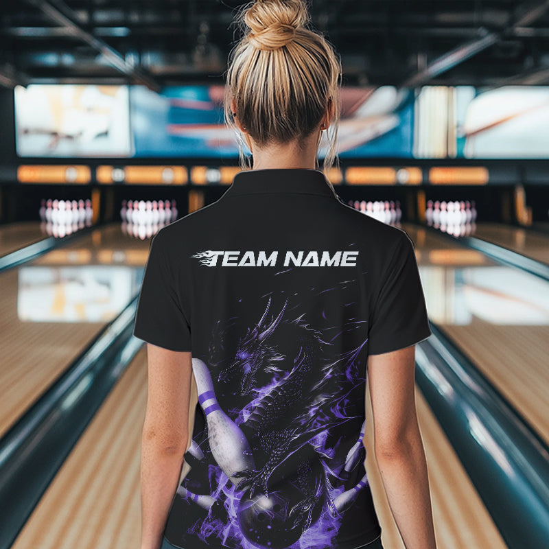 Custom Black And Purple Flame Dragon Bowling Womens Quarter-Zip Shirts, Bowling Team Shirt IPHW8416