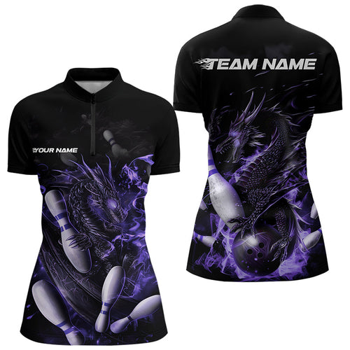 Custom Black And Purple Flame Dragon Bowling Womens Quarter-Zip Shirts, Bowling Team Shirt IPHW8416