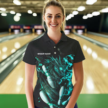 Load image into Gallery viewer, Custom Black And Blue Flame Dragon Womens Bowling Polo Shirt, Bowling Tournament Team Shirt IPHW8417