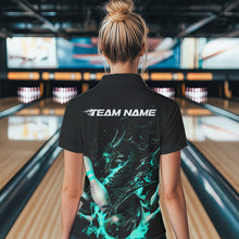 Load image into Gallery viewer, Custom Black And Blue Flame Dragon Womens Bowling Polo Shirt, Bowling Tournament Team Shirt IPHW8417