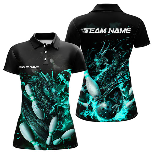 Custom Black And Blue Flame Dragon Womens Bowling Polo Shirt, Bowling Tournament Team Shirt IPHW8417