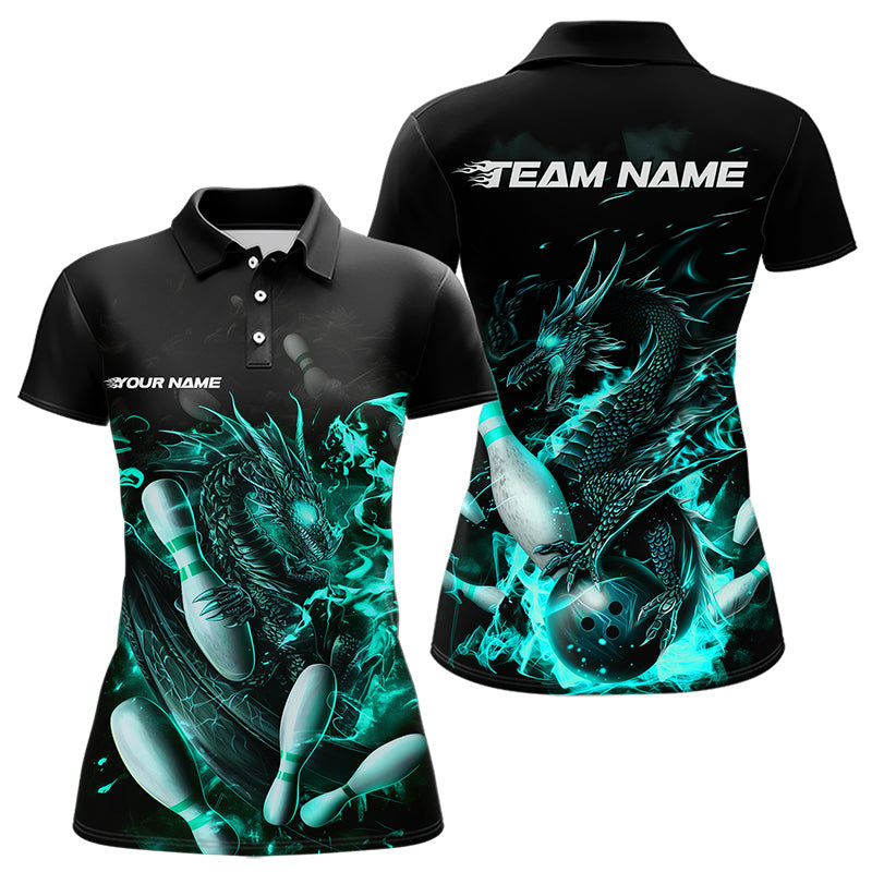 Custom Black And Blue Flame Dragon Womens Bowling Polo Shirt, Bowling Tournament Team Shirt IPHW8417