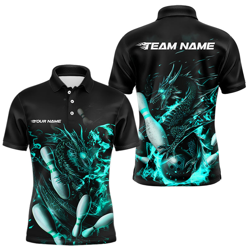 Custom Black And Blue Flame Dragon Bowling Polo Shirts For Men, Bowling Tournament Team Shirt IPHW8417