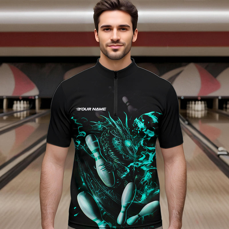 Custom Black And Blue Flame Dragon Bowling Quarter-Zip Shirts For Men, Bowling Tournament Team Shirt IPHW8417