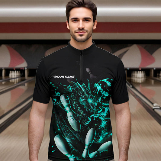 Custom Black And Blue Flame Dragon Bowling Quarter-Zip Shirts For Men, Bowling Tournament Team Shirt IPHW8417