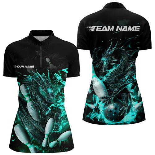 Custom Black And Blue Flame Dragon Bowling Womens Quarter-Zip Shirts, Bowling Team Shirt IPHW8417