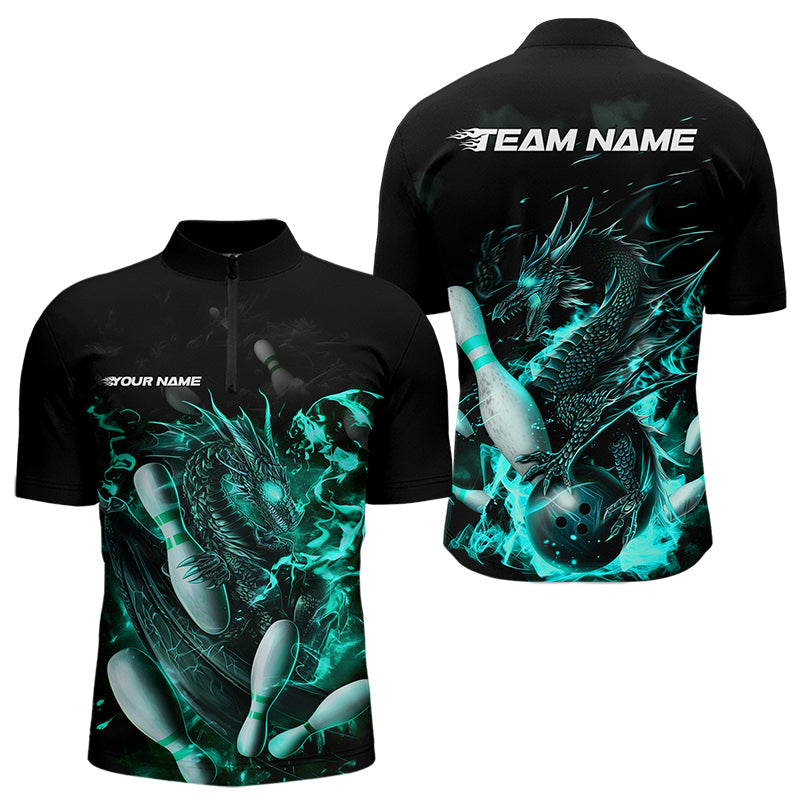 Custom Black And Blue Flame Dragon Bowling Quarter-Zip Shirts For Men, Bowling Tournament Team Shirt IPHW8417